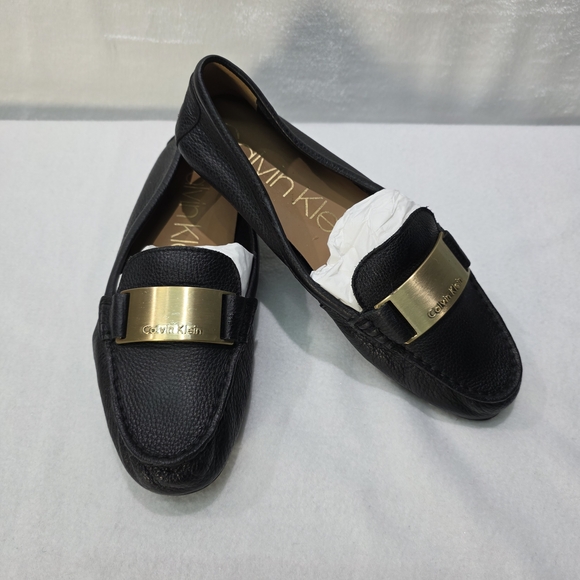 Calvin Klein Shoes - Calvin Klein Womens Black Leather Loafers with Gold Plaque Size 9 NWOT